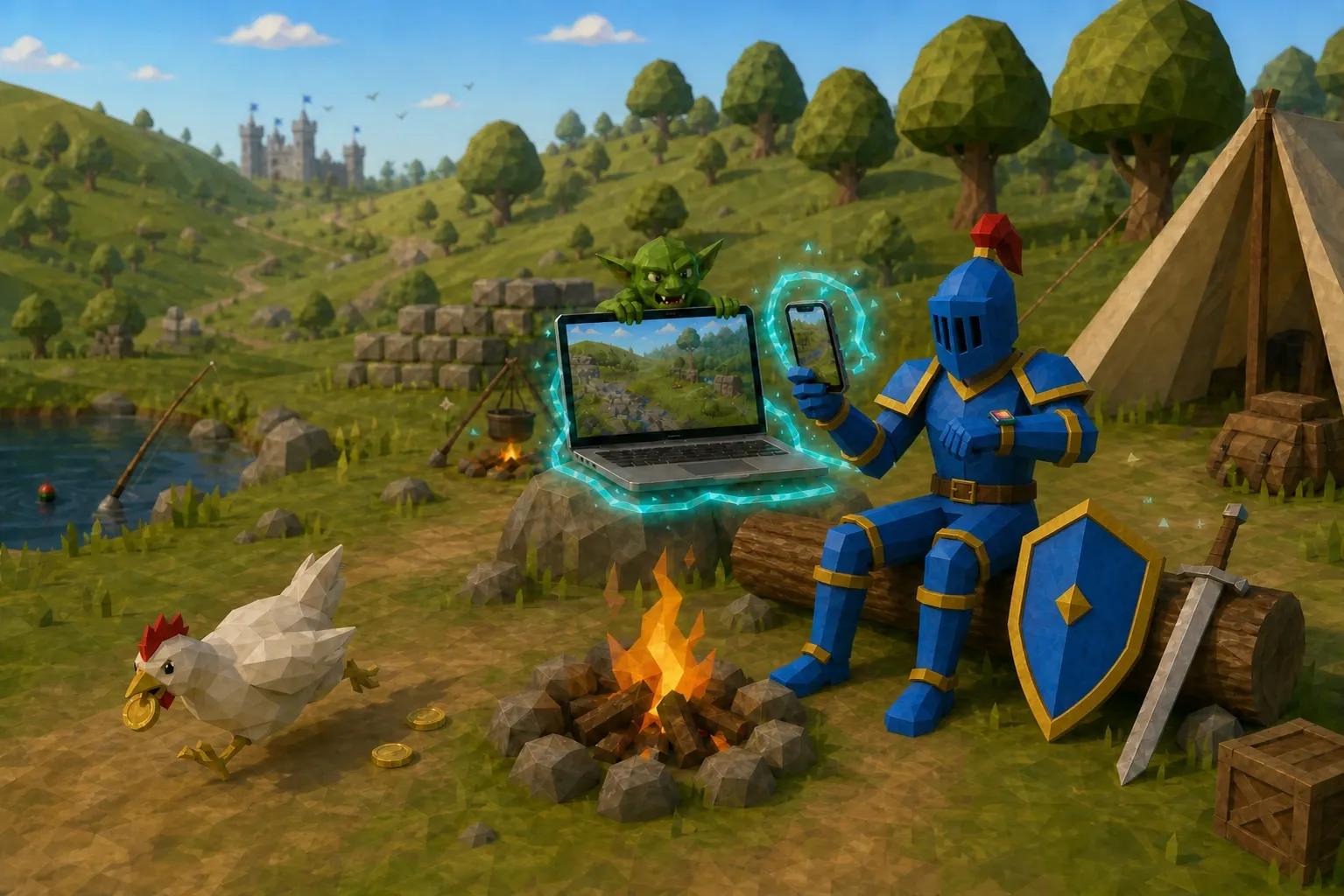 The same blue-and-gold low-poly knight checking a phone and watch beside a connected laptop at camp